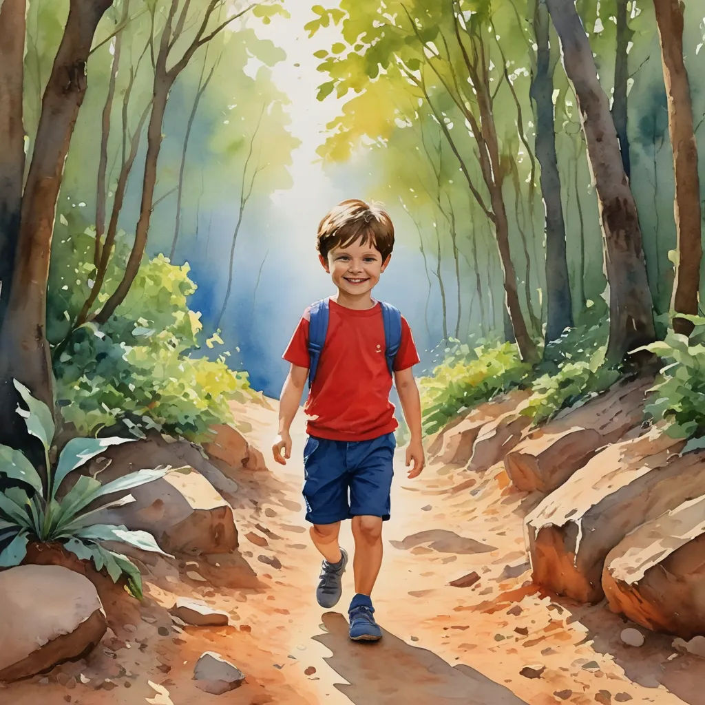 a painting of a boy walking down a dirt path in the woods with trees and rocks on either side, american scene painting, a storybook illustration, Diego Gisbert Llorens, storybook illustration