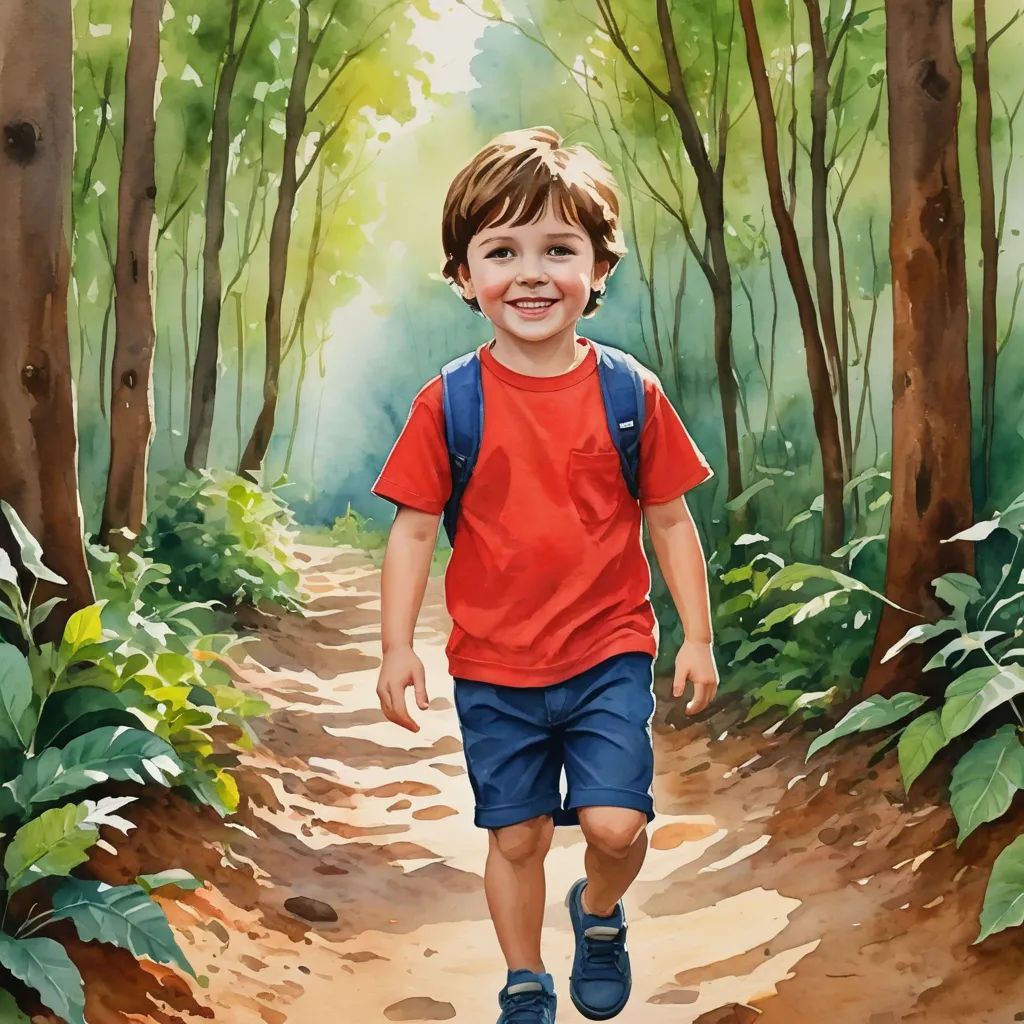 a painting of a boy walking down a dirt path in the woods with a backpack on his back and a backpack on his shoulder, photorealism, a storybook illustration, Diego Gisbert Llorens, in gouache detailed paintings