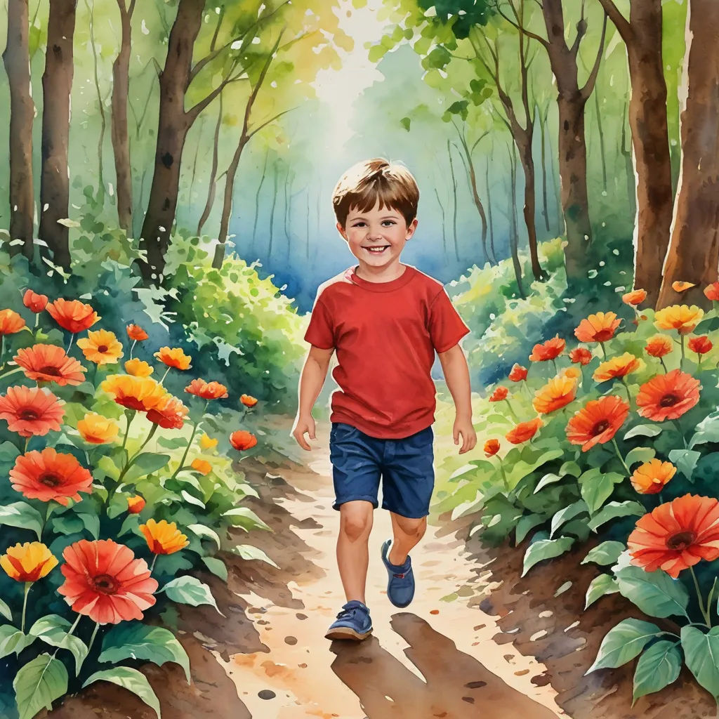 a painting of a boy running through a forest with flowers on the ground and trees in the background,, american scene painting, a storybook illustration, Aaron Jasinski, professional digital painting