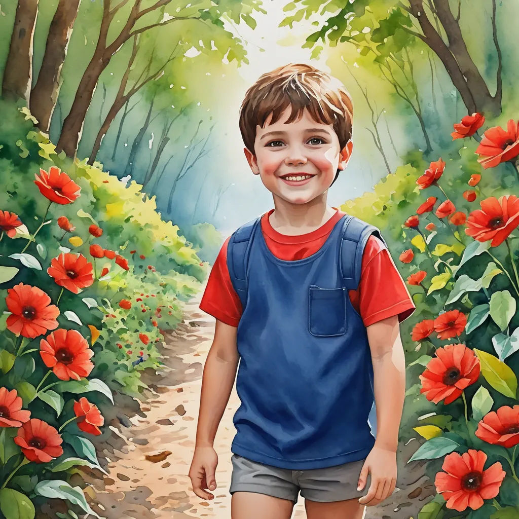 a painting of a boy in a blue shirt and red shirt standing in a field of flowers with a forest in the background, photorealism, a storybook illustration, Aaron Jasinski, highly detailed digital painting