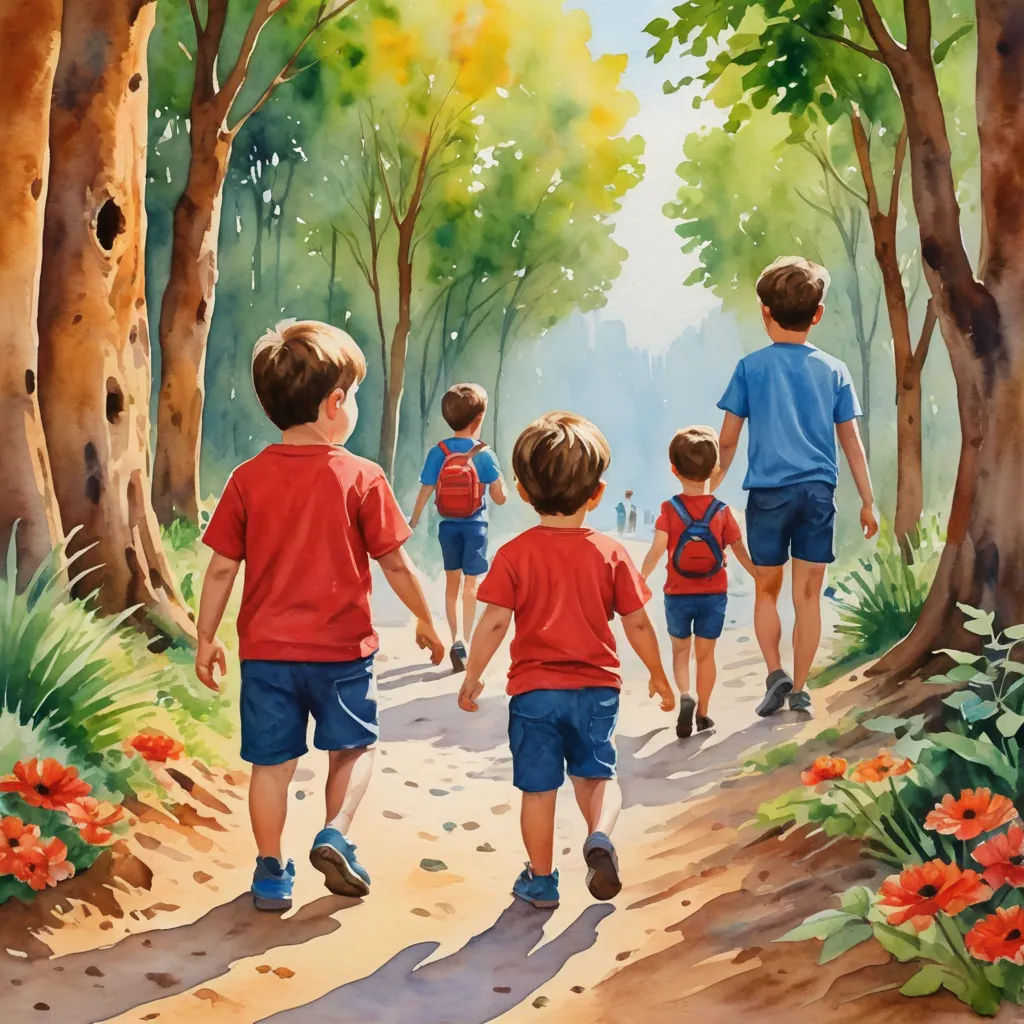 a painting of a group of children walking down a path in the woods with trees and flowers on either side of the path, figurative art, a storybook illustration, Brothers Hildebrandt, storybook illustration