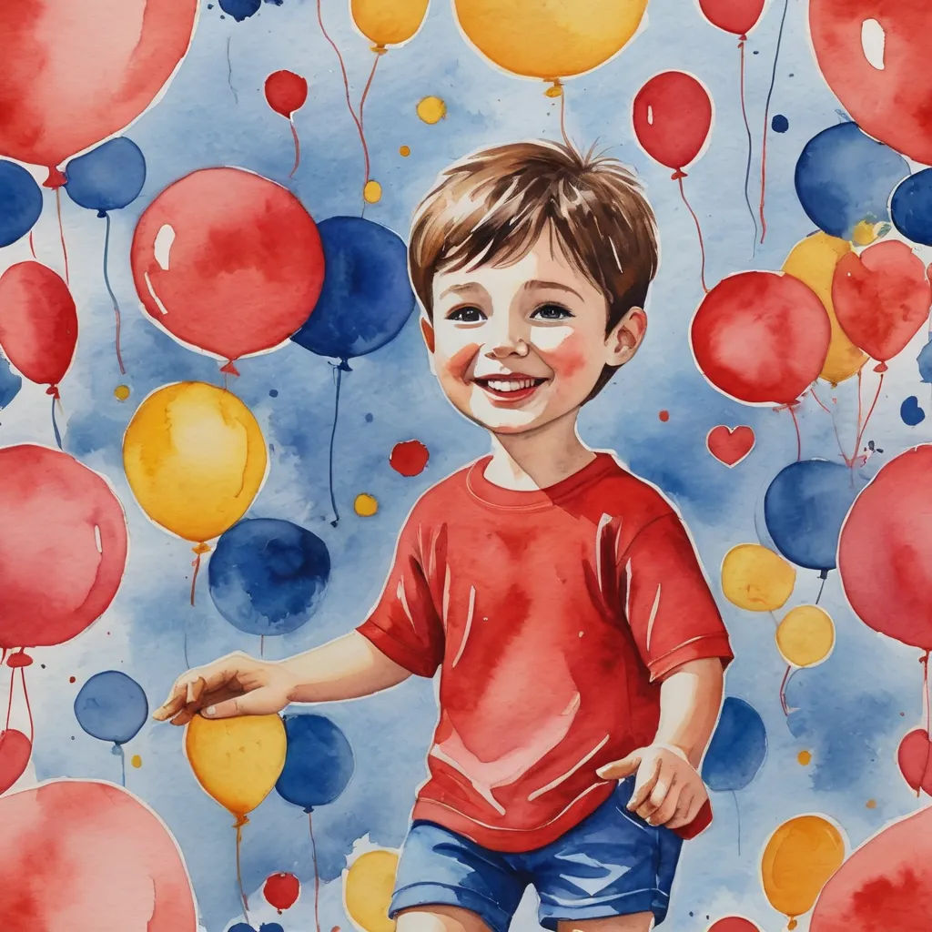 a painting of a boy with balloons in the background and a blue sky in the background, with a red shirt and blue shorts, figurative art, a watercolor painting, Aaron Jasinski, watercolor