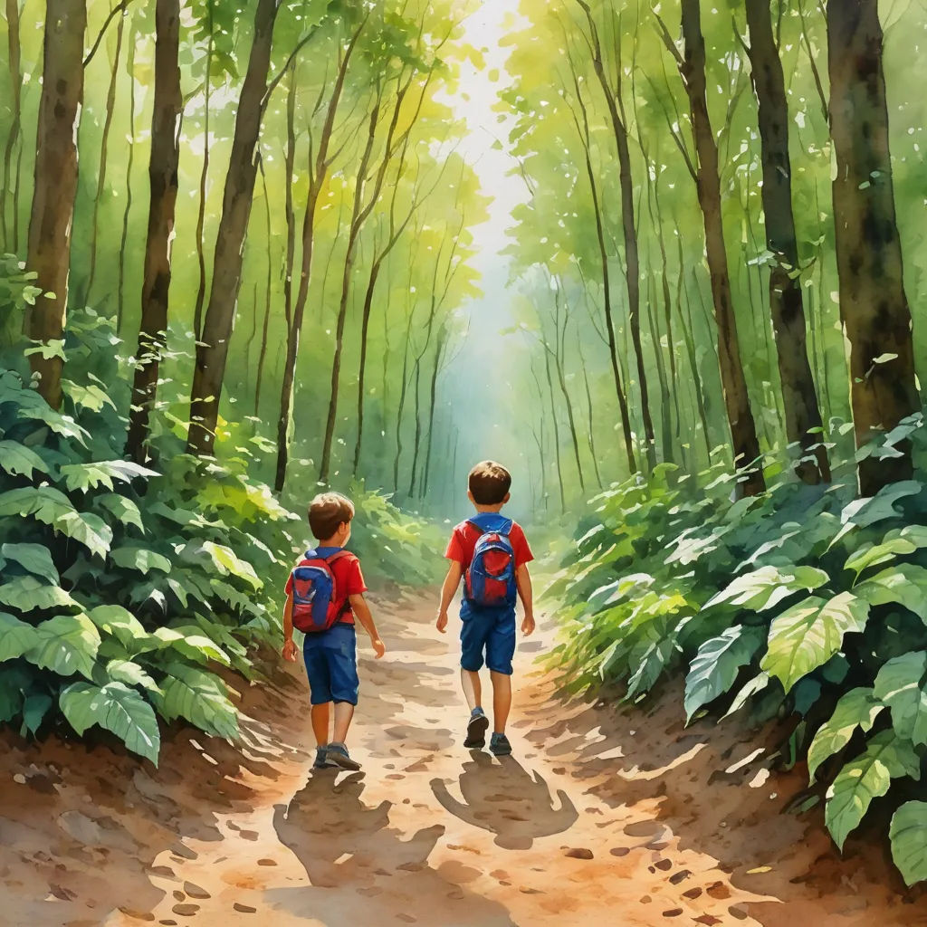 two children walking down a dirt path in the woods with backpacks on their backs and a backpack on their back, figurative art, a fine art painting, Brothers Hildebrandt, in gouache detailed paintings