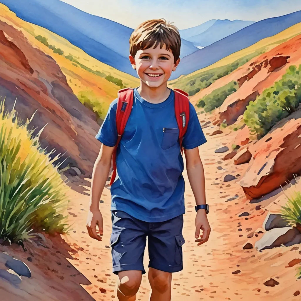 a painting of a boy walking down a dirt path in the mountains with a backpack on his back and a backpack on his shoulder, photorealism, an airbrush painting, Aaron Jasinski, highly detailed digital painting
