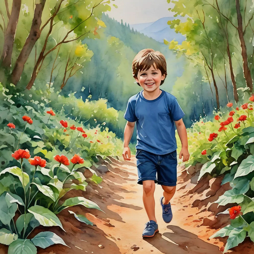 a painting of a boy running down a dirt path in a field of flowers and trees with a mountain in the background, figurative art, a watercolor painting, Aaron Jasinski, in gouache detailed paintings