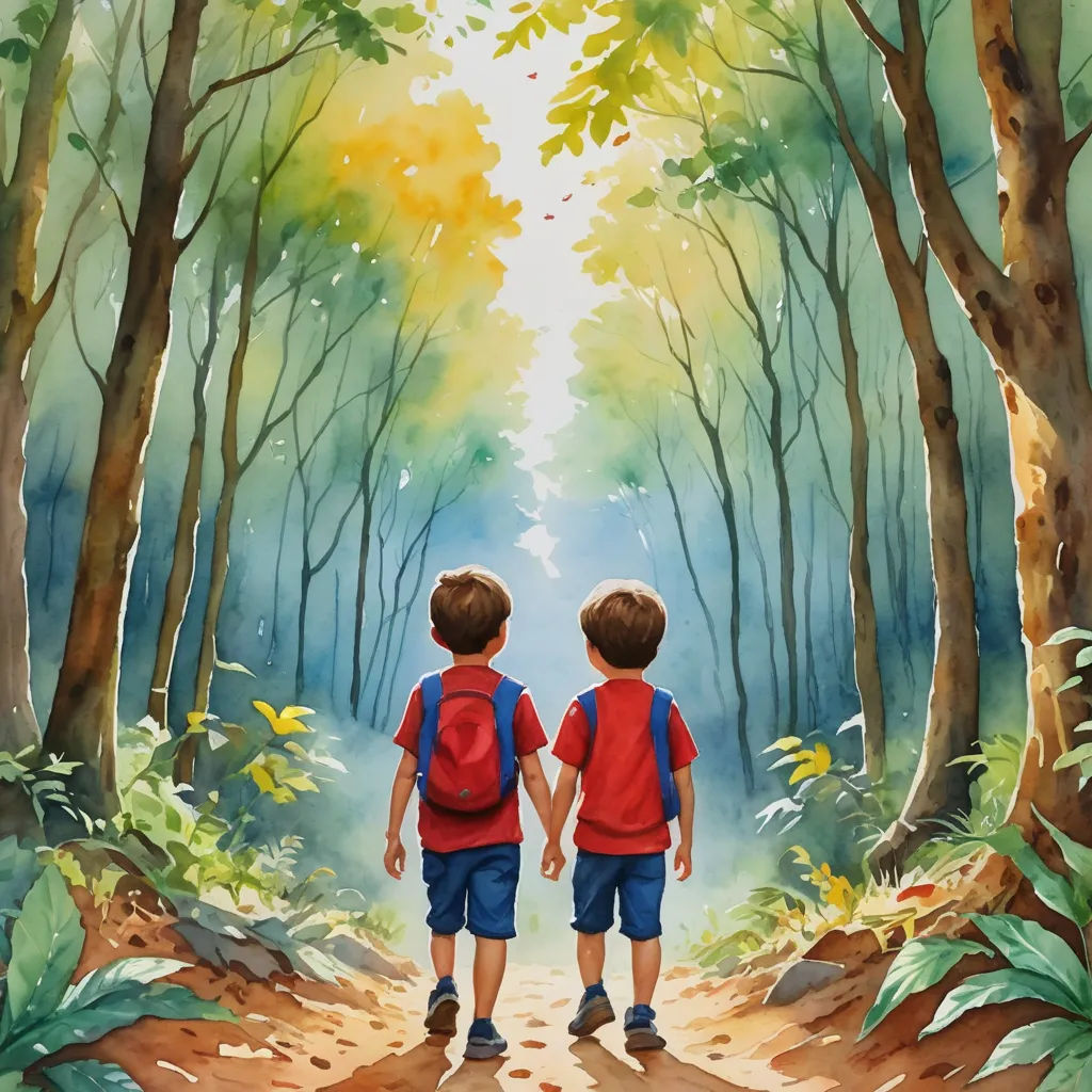 two children walking down a path in the woods with backpacks on their backs, looking at the sun, photorealism, a storybook illustration, Diego Gisbert Llorens, in gouache detailed paintings