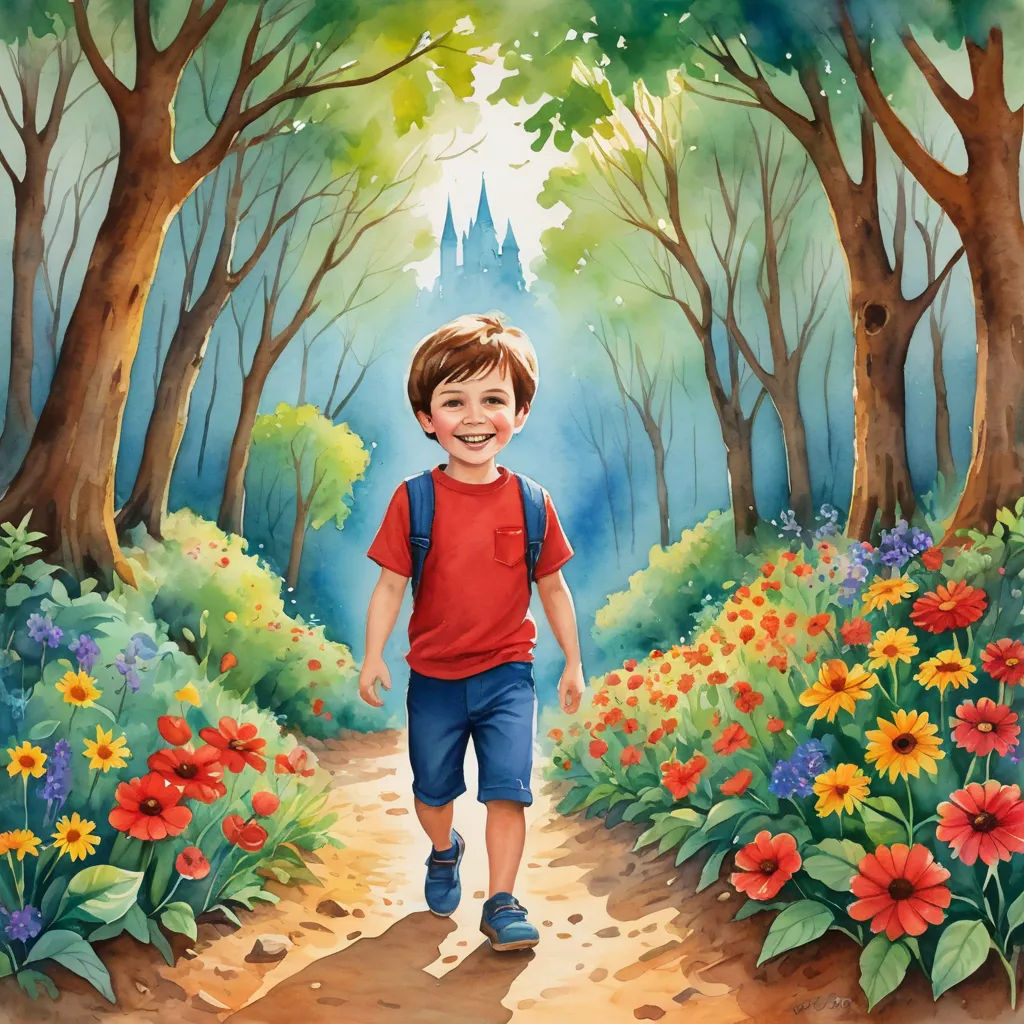 a painting of a boy walking through a forest with flowers and trees on the ground and a castle in the background, magical realism, a storybook illustration, Aaron Jasinski, storybook illustration