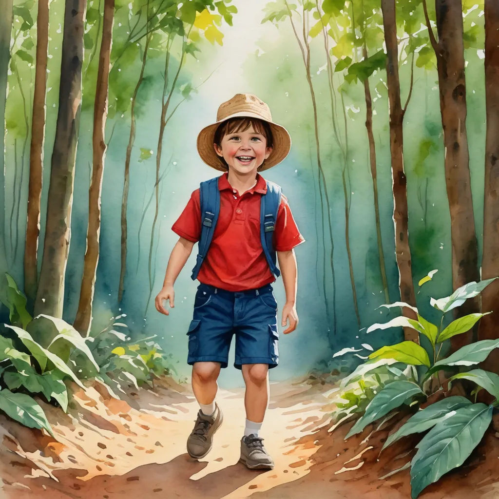 a painting of a boy in a hat and shorts walking through a forest with trees and leaves on the ground, photorealism, a storybook illustration, Bob Byerley, storybook illustration