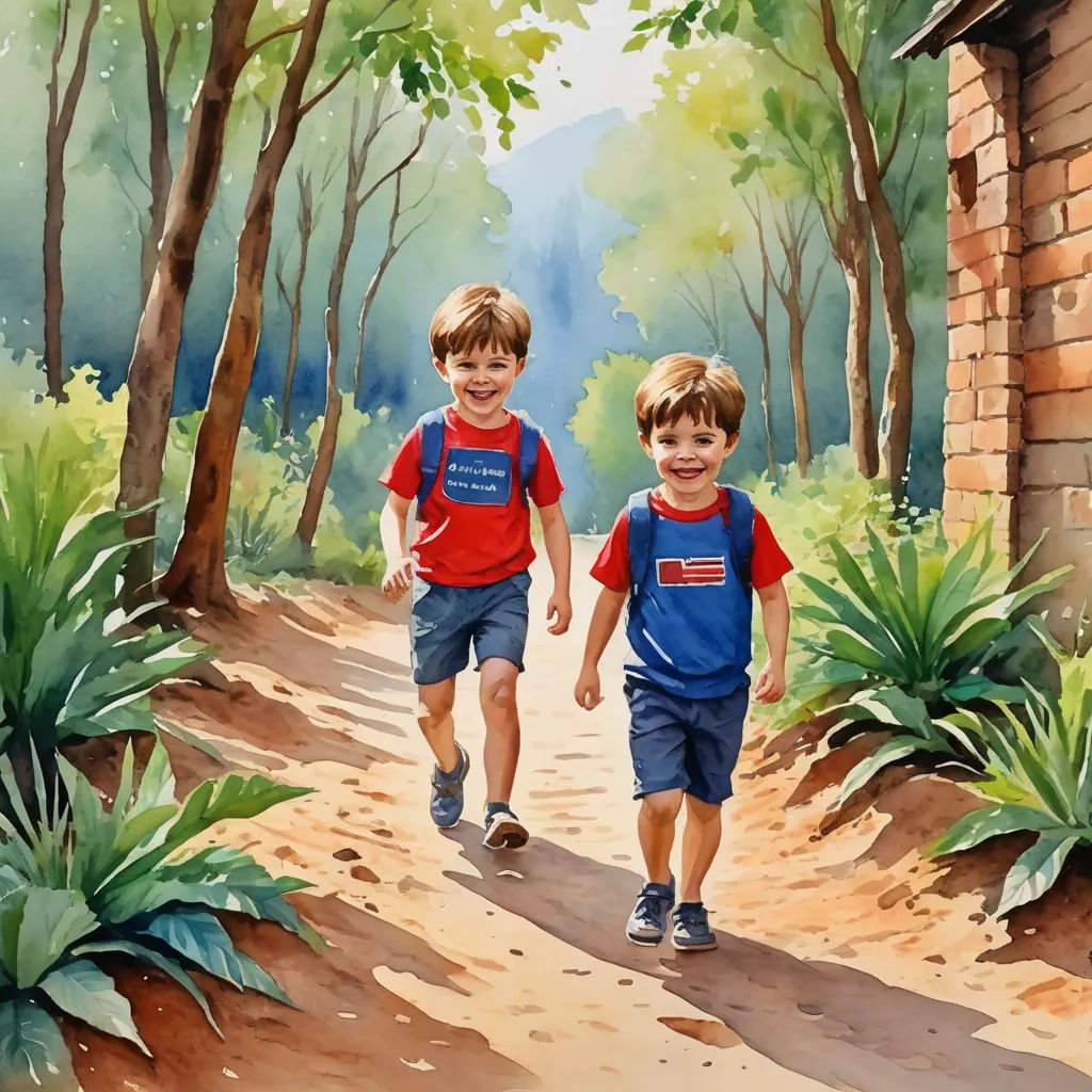 two boys walking down a dirt path in the woods with backpacks on and a house in the background, american scene painting, a storybook illustration, Brothers Hildebrandt, in gouache detailed paintings