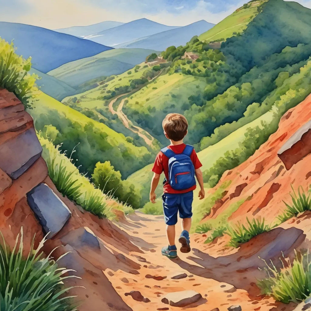 a painting of a boy walking down a dirt path in the mountains with a view of the valley below, figurative art, an airbrush painting, Aaron Jasinski, in gouache detailed paintings