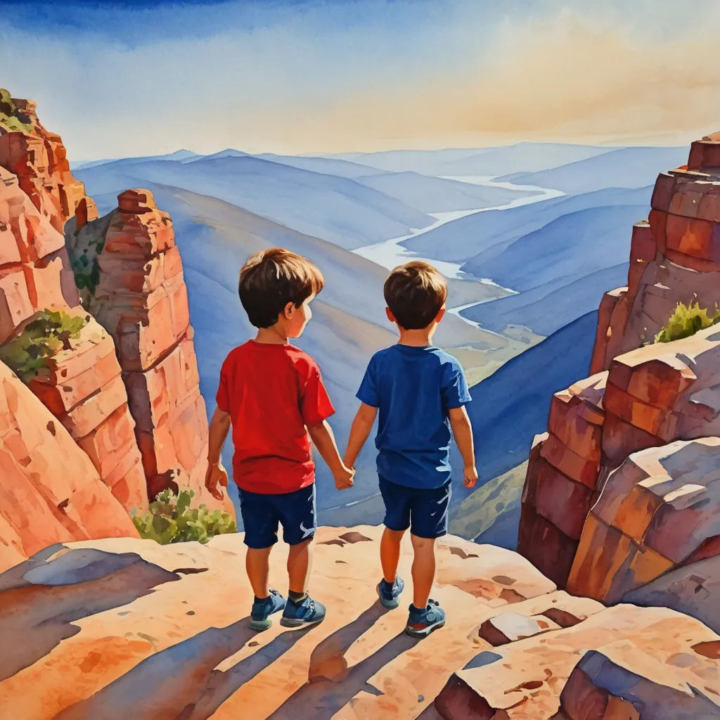 two children standing on a cliff looking at the mountains and valleys below them with a sky background and a painting of two children holding hands, figurative art, an oil painting, Brothers Hildebrandt, in gouache detailed paintings
