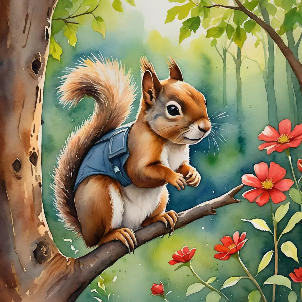 a painting of a squirrel sitting on a tree branch with flowers in the background and a forest scene with red flowers, sots art, a storybook illustration, Chris LaBrooy, professional digital painting