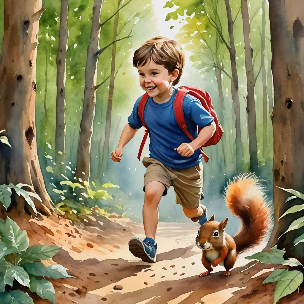 a painting of a boy running with a squirrel on a trail in the woods, with trees and leaves, american scene painting, a storybook illustration, Bob Byerley, storybook illustration