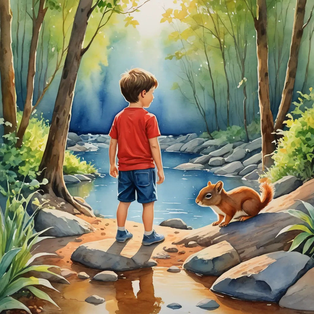 a painting of a boy and a squirrel by a river with trees and rocks in the background and a stream running through the woods, american scene painting, a storybook illustration, Aaron Jasinski, storybook illustration