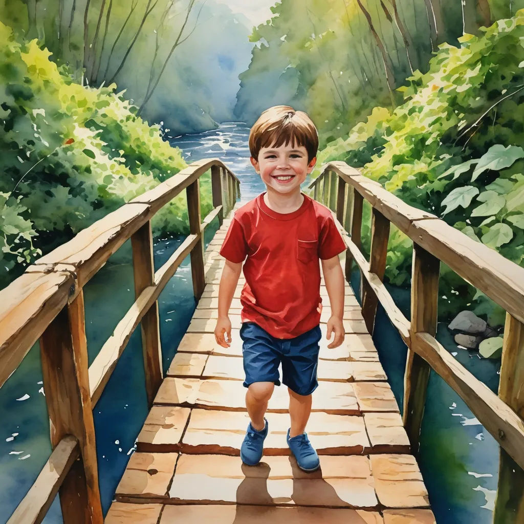 a painting of a boy walking across a bridge over a river in a forest with a river running through it, photorealism, a photorealistic painting, Diego Gisbert Llorens, detailed painting