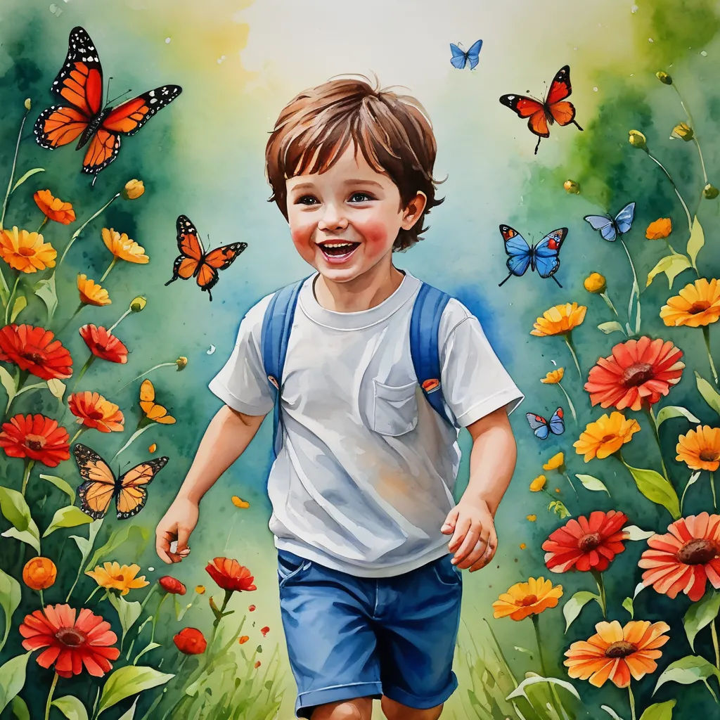 a painting of a boy running through a field of flowers with butterflies around him and a butterfly in the sky, photorealism, a detailed painting, Claire Hummel, detailed painting