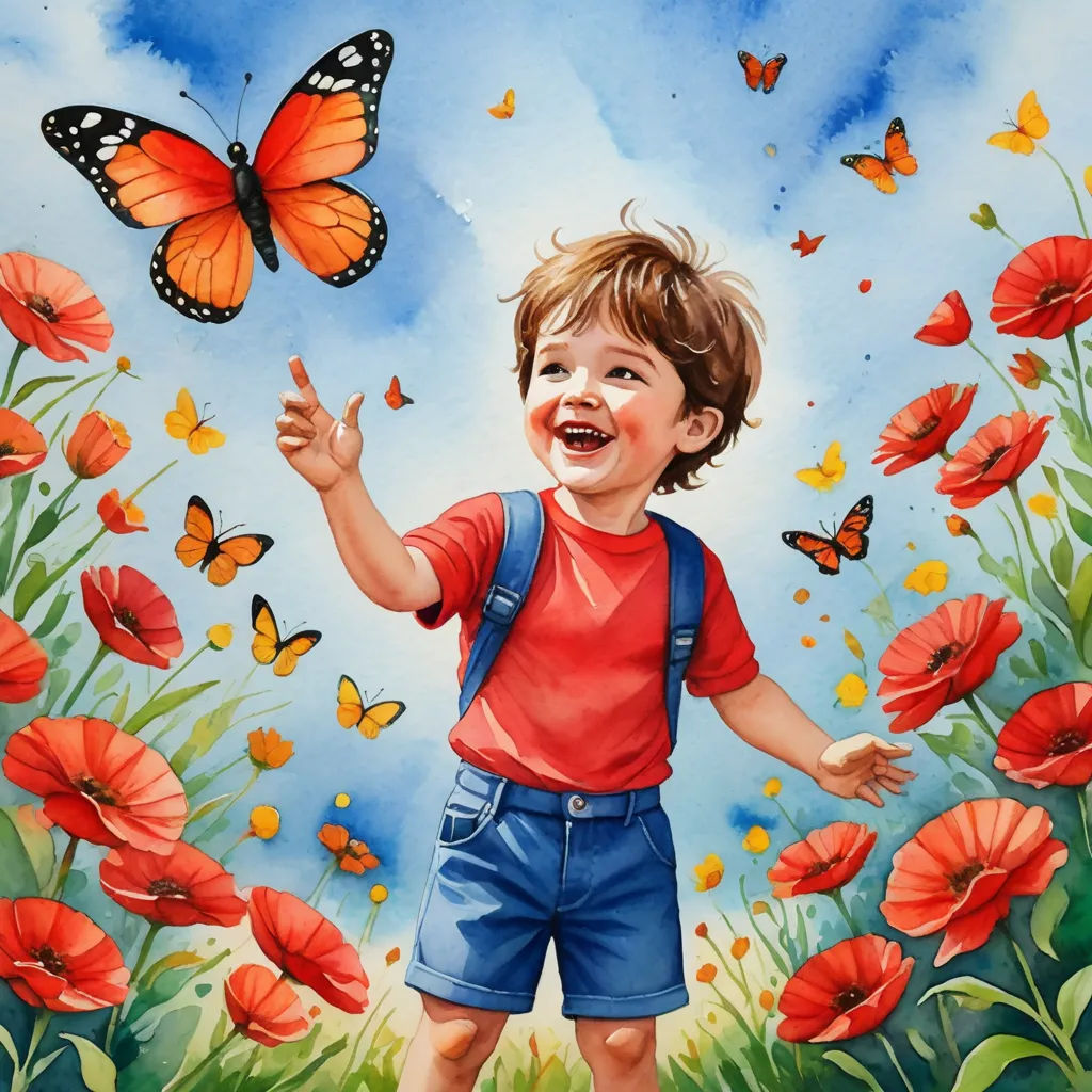 a painting of a boy in a field of flowers with a butterfly flying overhead and a blue sky with clouds, magic realism, a storybook illustration, Aaron Jasinski, storybook illustration