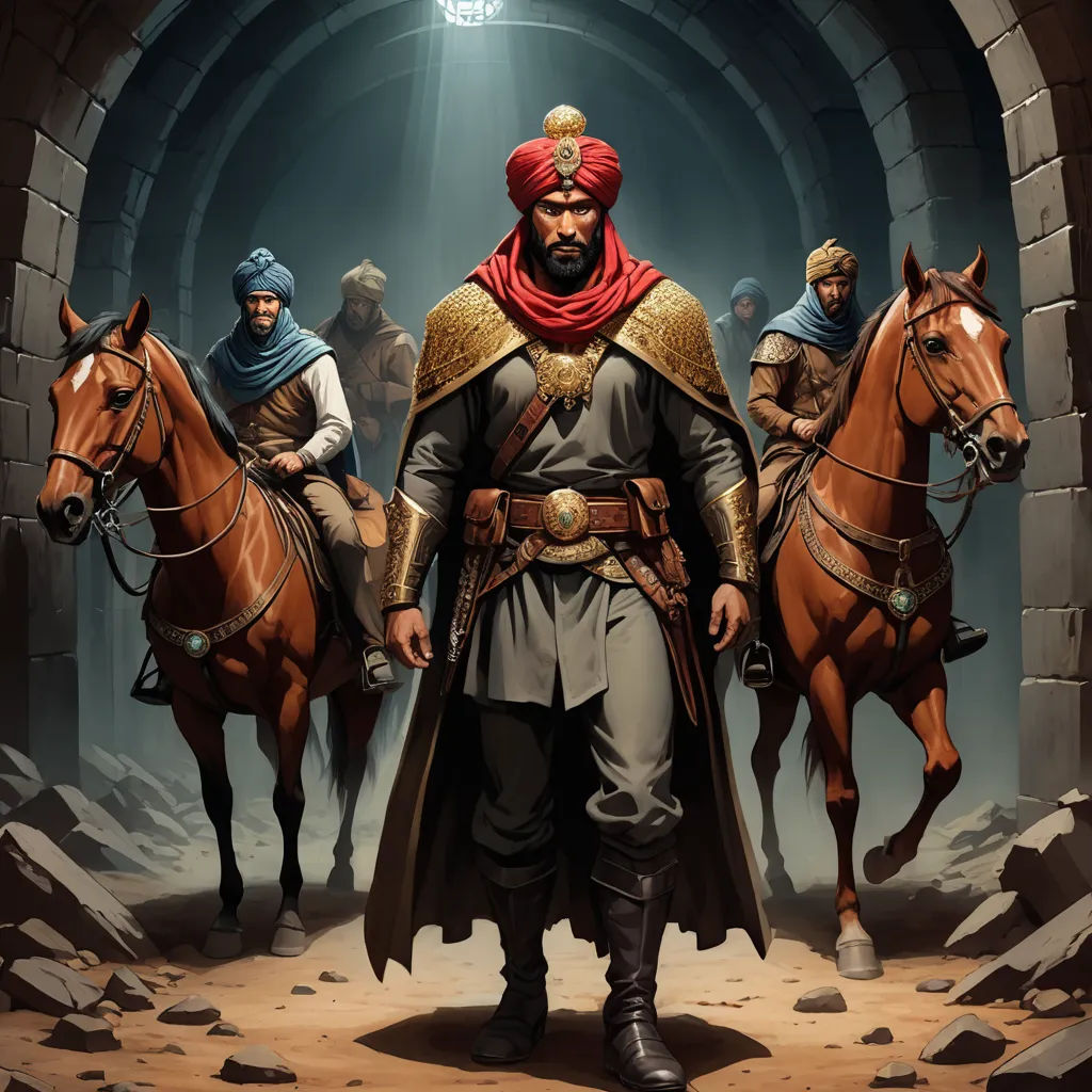 a man in a red turban standing in front of a group of horses in a tunnel with a light shining on him, hurufiyya, concept art, Altoon Sultan, epic fantasy character art