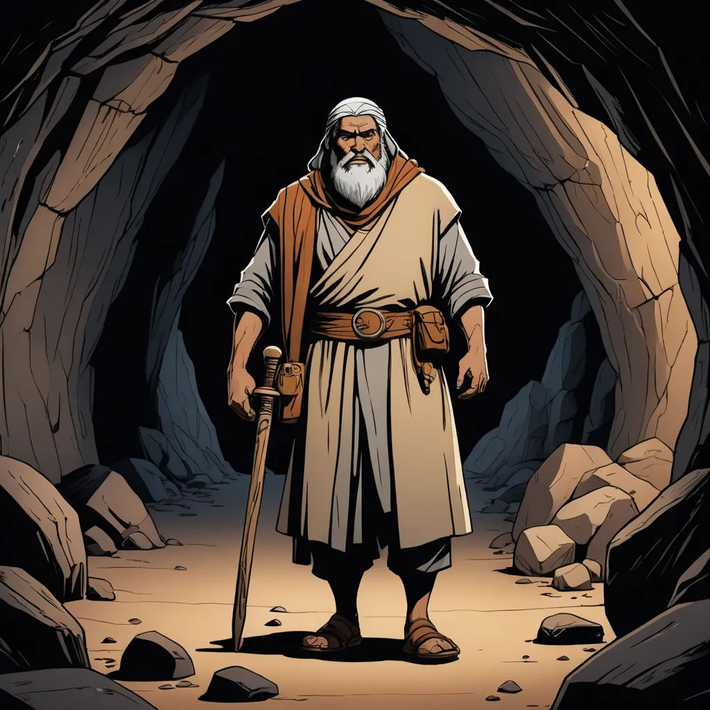 a man with a long beard and a long beard standing in a cave with a staff in his hand, underground comix, a cave painting, Diego Gisbert Llorens, comic cover art