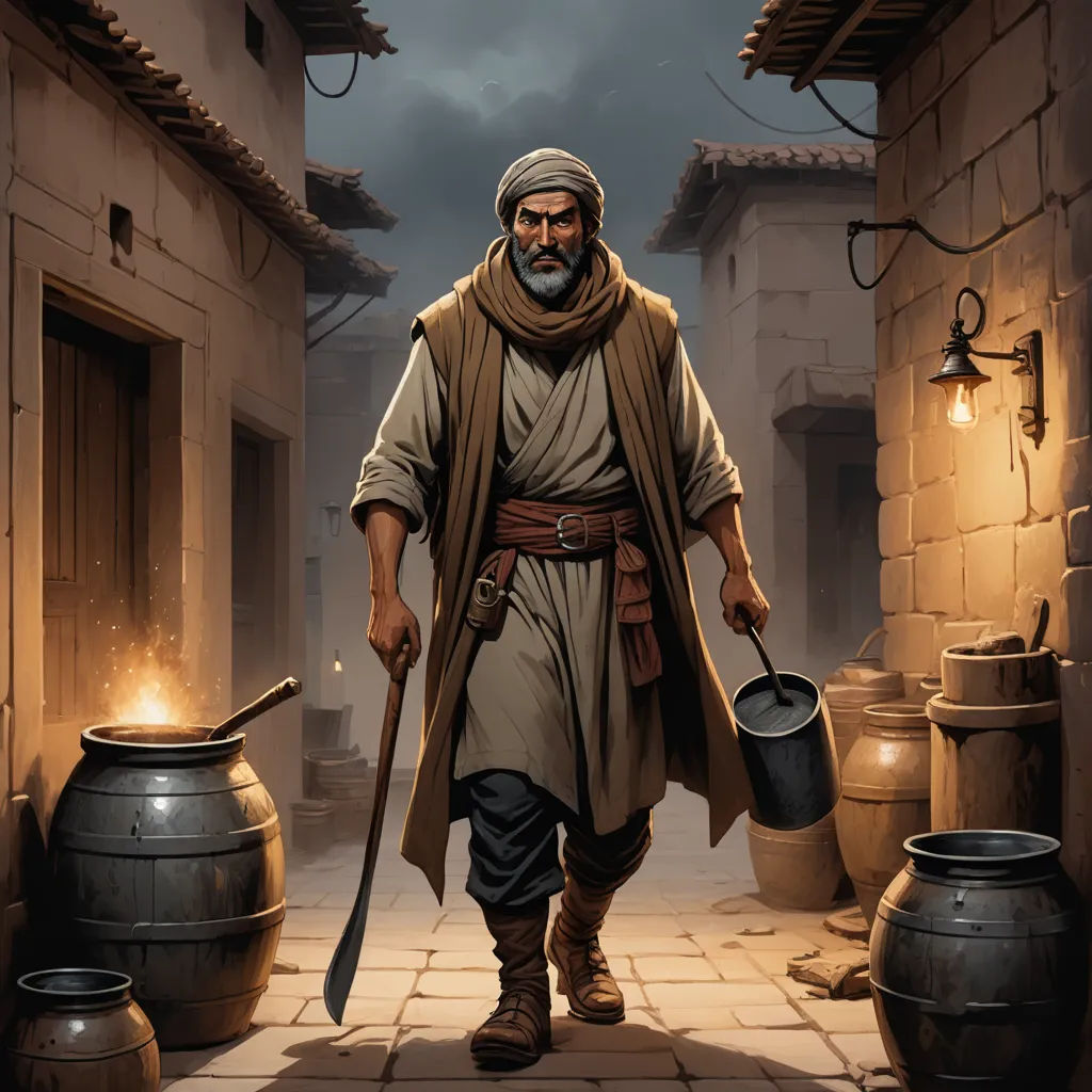 a man with a long beard and a long beard holding a bucket and a shovel in his hand while standing in a courtyard, hurufiyya, a character portrait, Fikret Muallâ Saygı, epic fantasy character art