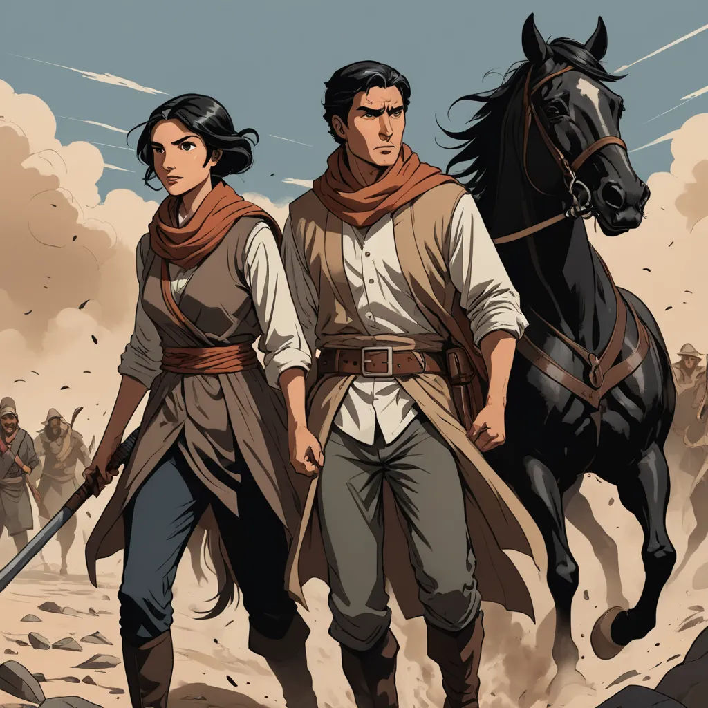 a man and a woman walking with a horse in the desert behind them, with a man on horseback, hurufiyya, a comic book panel, Altoon Sultan, western comic book art