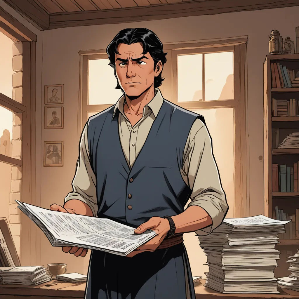 a man holding a book in his hands in a room with a window and a book shelf full of books, private press, a comic book panel, Everett Warner, western comic book art
