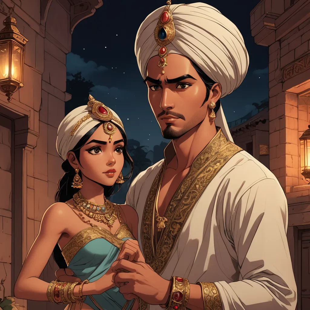 a man and woman dressed in ancient clothing standing next to each other in front of a building at night, fantasy art, a storybook illustration, Altoon Sultan, orientalism