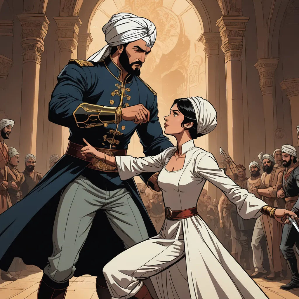 a man and woman in renaissance clothing dancing in front of a crowd of people in a palace setting with a sword, arabesque, a comic book panel, Altoon Sultan, official art