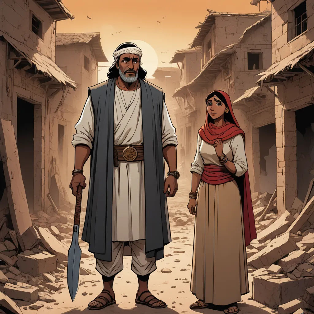 a man and a woman standing in a street with a sword and a shield in hand, in front of a village, unilalianism, a comic book panel, Asaf Hanuka, graphic novel