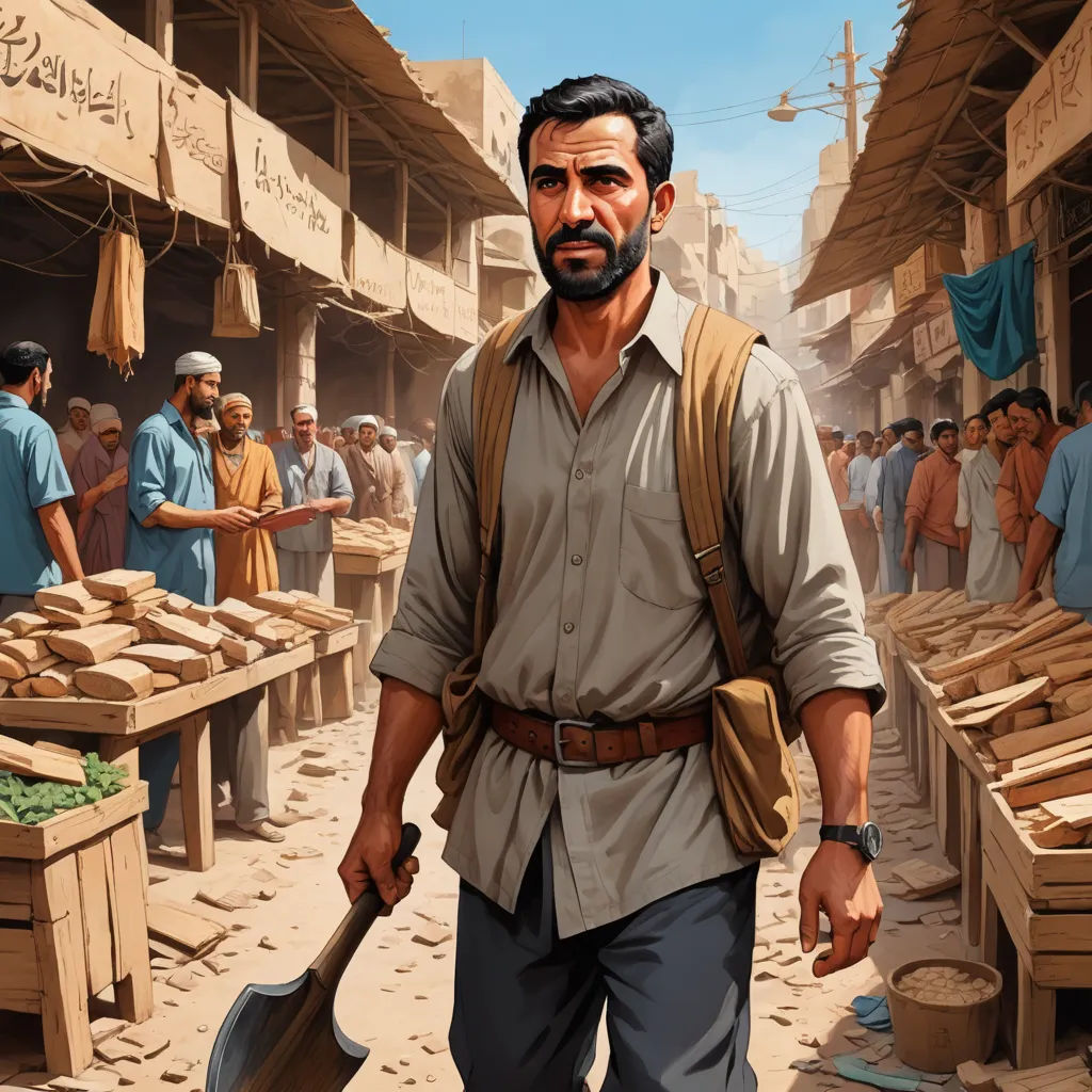 a man walking down a street with a shovel in his hand and a crowd of people behind him in the background, serial art, a character portrait, David Palumbo, official art