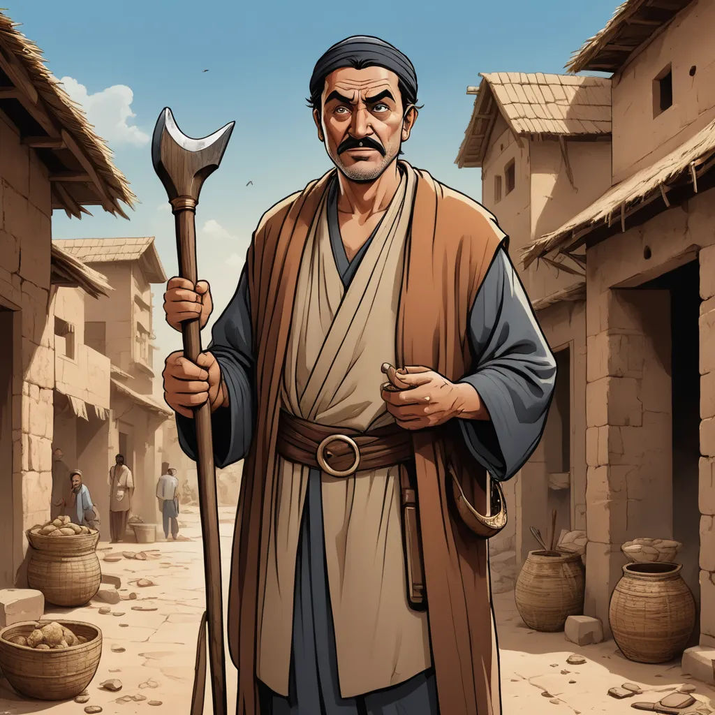 a man holding a large metal hammer in a village with stone buildings and people in the background, in a cartoon style, unilalianism, a character portrait, ESAO, epic fantasy character art