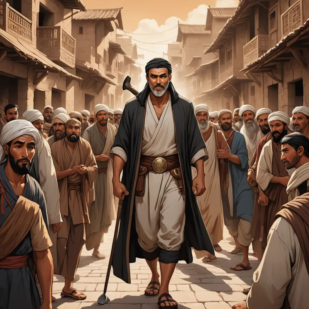 a painting of a man walking through a crowd of people in a village with a sword in his hand, hurufiyya, a comic book panel, Amir Zand, official art