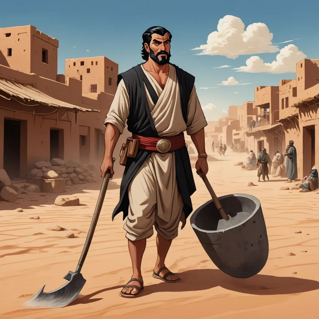 a man with a shovel and a bucket in the desert with a sky background and a village in the background, hurufiyya, a detailed matte painting, Amir Zand, epic fantasy character art