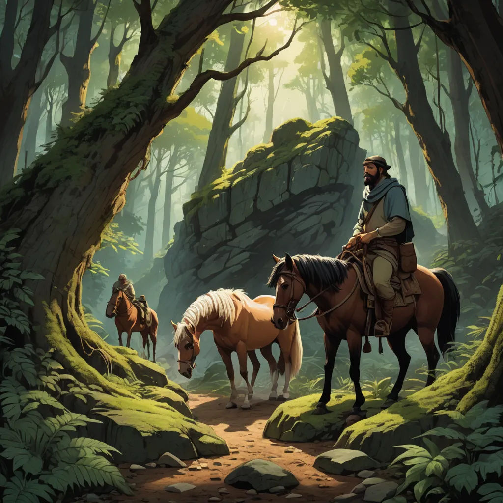 a painting of a man riding a horse in a forest with other horses in the background and a man on horseback, fantasy art, a storybook illustration, Christophe Vacher, western comic book art