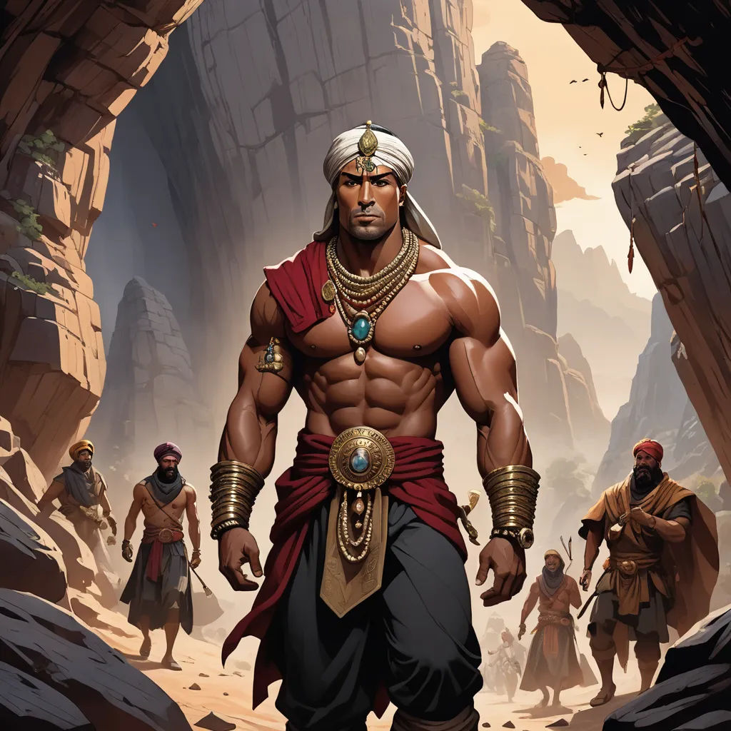 a man in a cave with a bunch of other men in the background and a cave with a few rocks, fantasy art, a comic book panel, Clint Cearley, epic fantasy character art