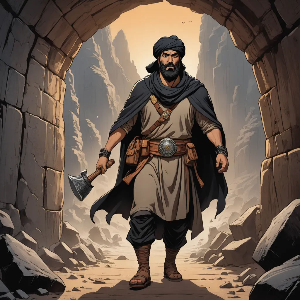 a man in a cave with a sword and a hat on his head and a beard and a beard, hurufiyya, a character portrait, Altoon Sultan, epic fantasy character art