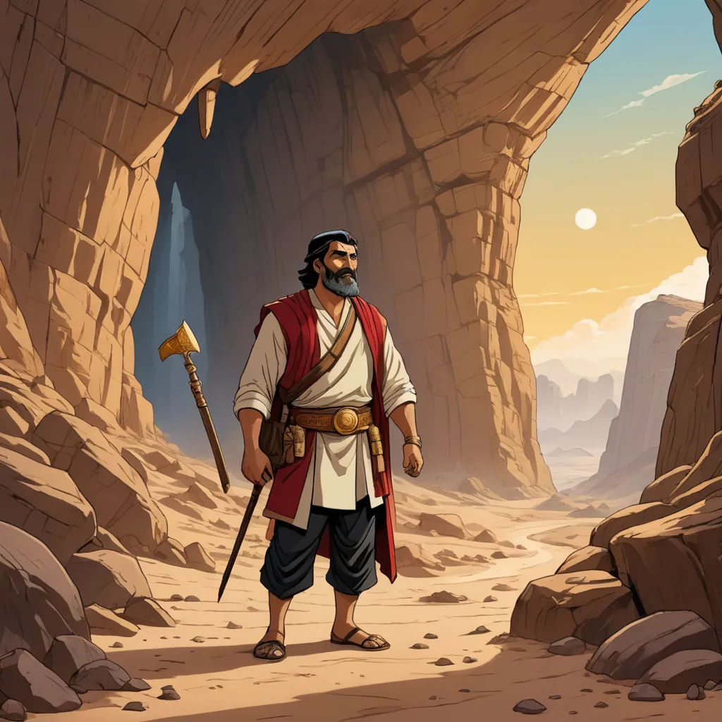 a cartoon of a man in a desert setting with a staff and a staffel in his hand, standing in front of a cave, fantasy art, a storybook illustration, Asaf Hanuka, 2 d game art