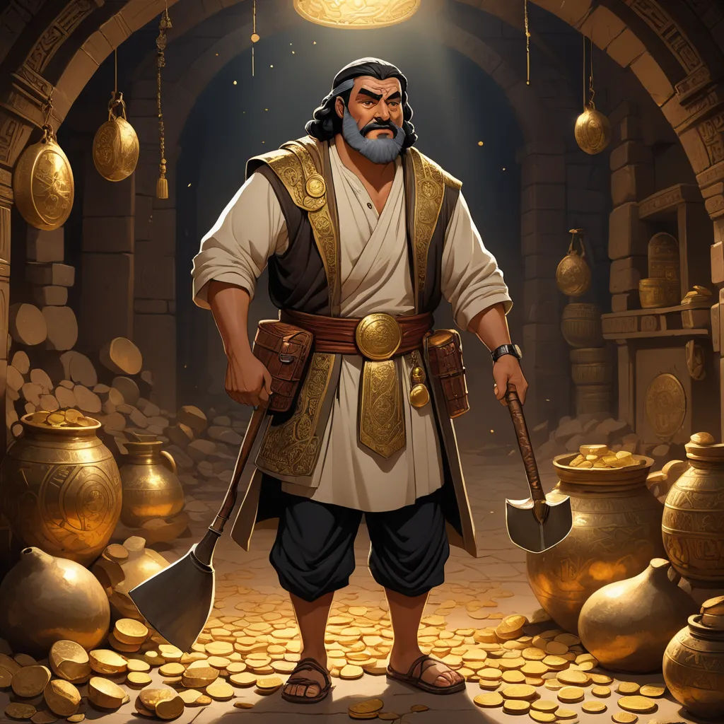 a man with a shovel and a hat standing in a room full of gold coins and pots of gold, fantasy art, a character portrait, Altoon Sultan, epic fantasy character art