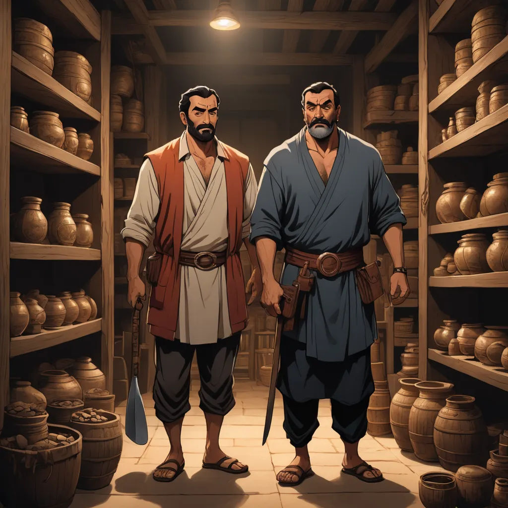 two men standing in a room with pottery on shelves and a light above them that is on a shelf, incoherents, a comic book panel, Brothers Hildebrandt, graphic novel