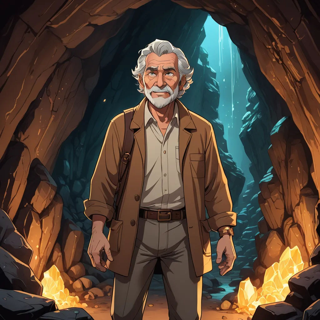 a man standing in a cave with a beard and a beard mustache, wearing a brown jacket and tan pants, serial art, concept art, Cliff Childs, official art
