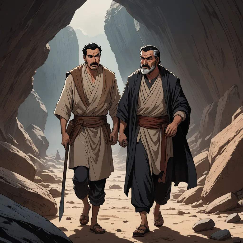 two men in robes walking through a cave with a staff in hand and a rock formation in the background, hurufiyya, a comic book panel, Amir Zand, graphic novel