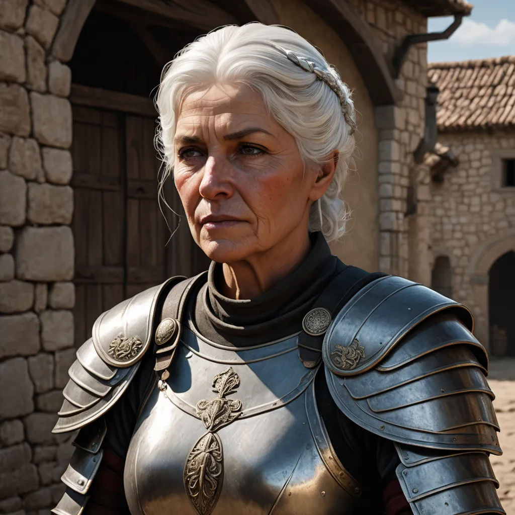 a woman in a knight costume standing in front of a building with a door and a brick wall behind her, antipodeans, a character portrait, Ada Gladys Killins, cgi