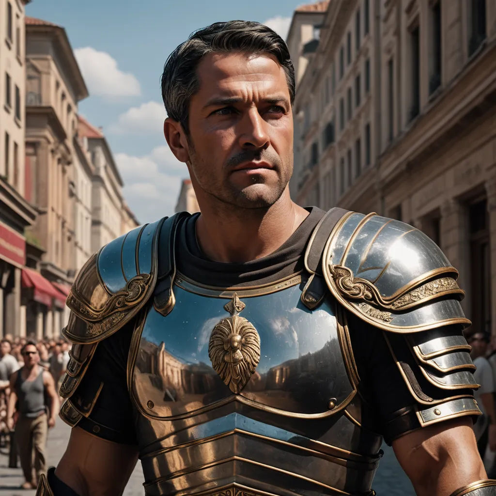 a man in a roman armor standing on a street corner with people walking by in the background and a few buildings, photorealism, a detailed matte painting, Daryush Shokof, j. c. leyendecker 8 k