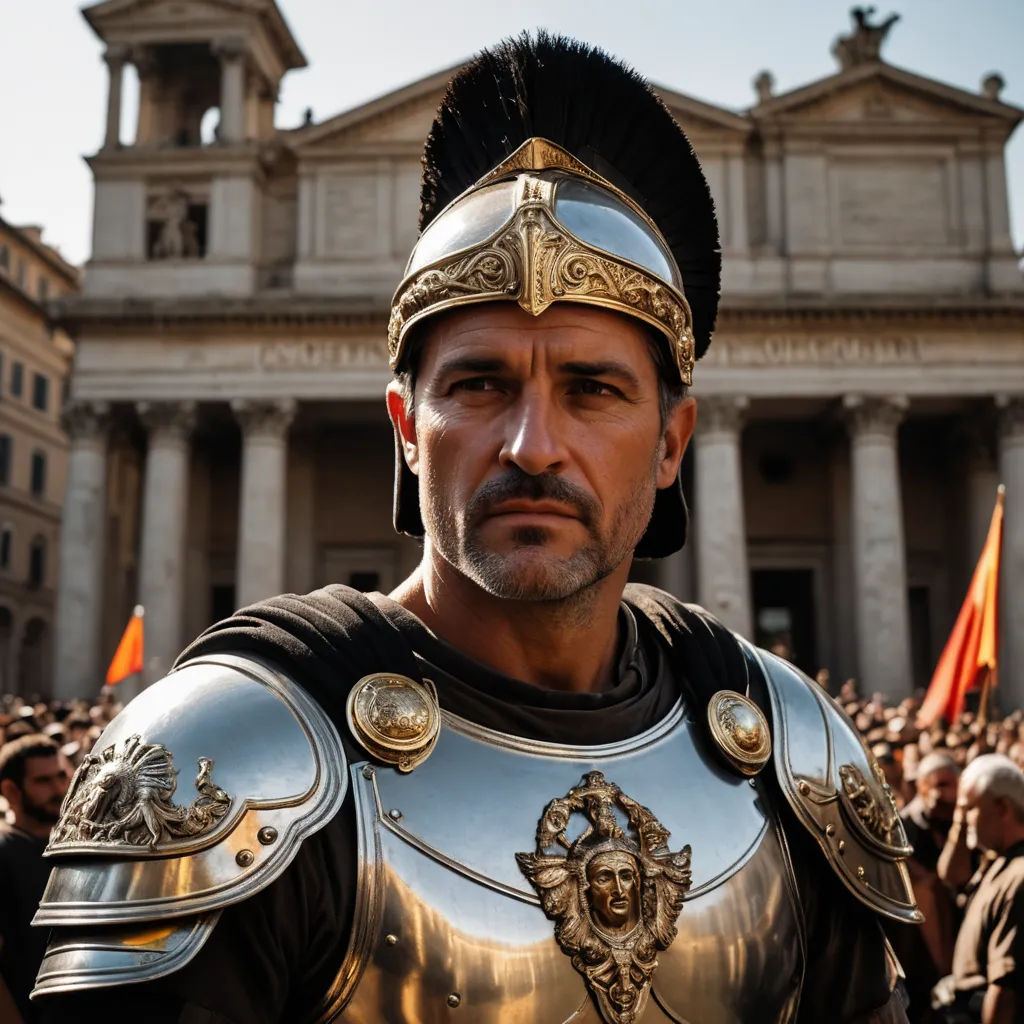 a man in a roman armor and helmet in front of a building with flags and people in the background, antipodeans, a character portrait, Carlo Maderna, promotional image