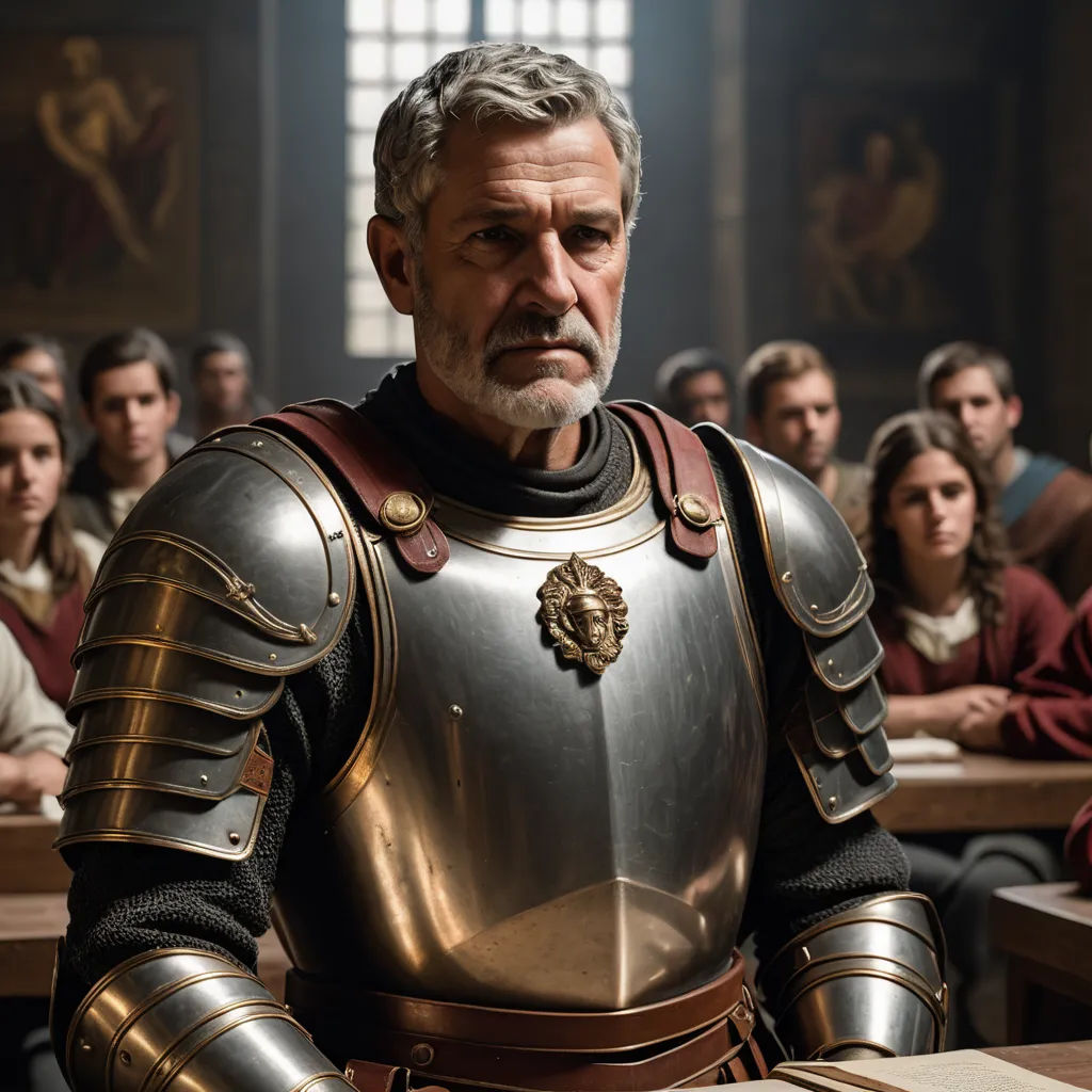 a man in a suit of armor standing in front of a group of people in a room with a window, romanesque, a character portrait, Andrea Mantegna, promotional image