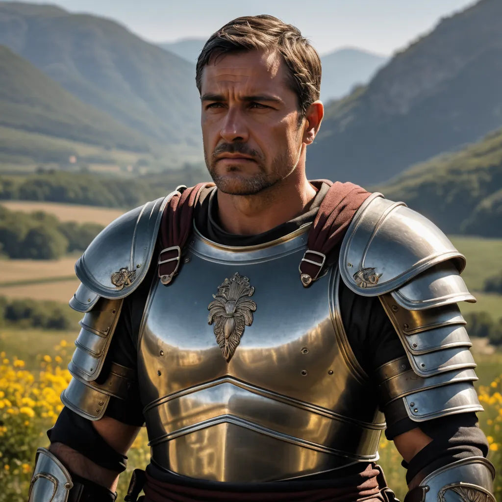 a man in a suit of armor standing in a field of flowers with mountains in the background and a valley in the distance, antipodeans, a character portrait, Andrea Mantegna, promotional image