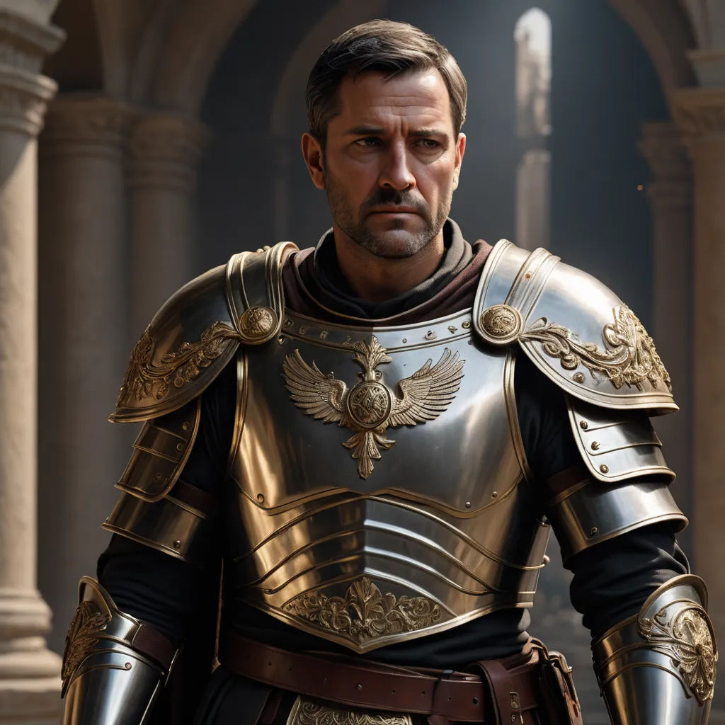 a man in a suit of armor standing in a courtyard with columns and arches in the background, looking at the camera, antipodeans, computer graphics, Cedric Peyravernay, unreal engine 5 highly rendered