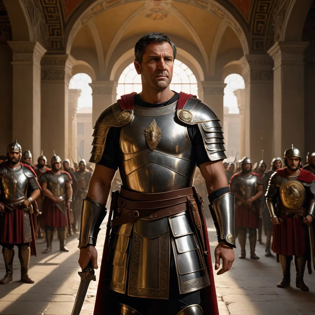 a man in a suit of armor standing in a room full of people with swords and armor on his shoulders, antipodeans, a detailed matte painting, Andrea Mantegna, weta digital