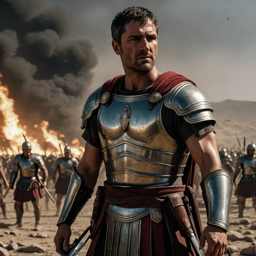 a man in a roman armor standing in front of a group of men in a desert area with a sky background, antipodeans, a detailed matte painting, Alexis Grimou, movie still