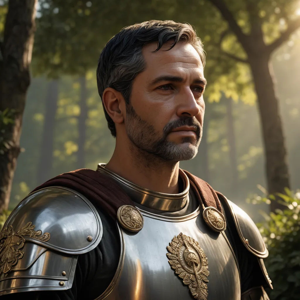 a man in a suit of armor standing in a forest with trees in the background and sunlight shining through the trees, photorealism, computer graphics, Cedric Peyravernay, realistic shaded lighting